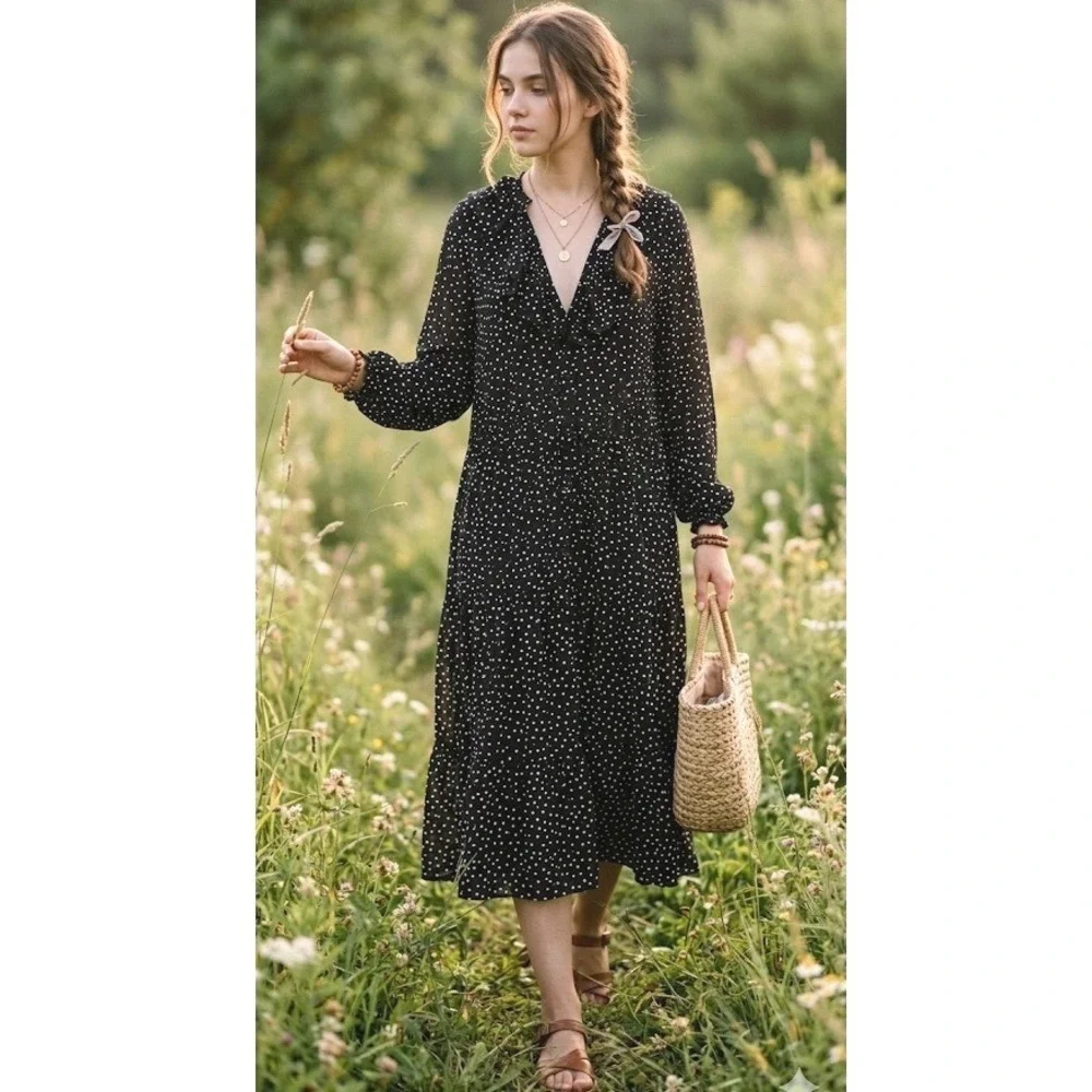 Polka Dot Tiered Midi Dress Black White Ruffle V-Neck Parisian‎ Chic Boho Size M